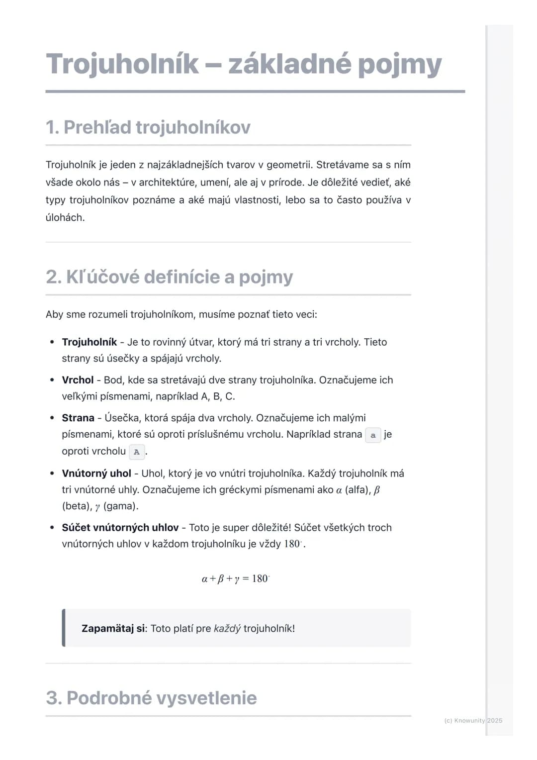 # Trojuholník - základné pojmy

1. Prehľad trojuholníkov

Trojuholník je jeden z najzákladnejších tvarov v geometrii. Stretávame sa s ním
vš