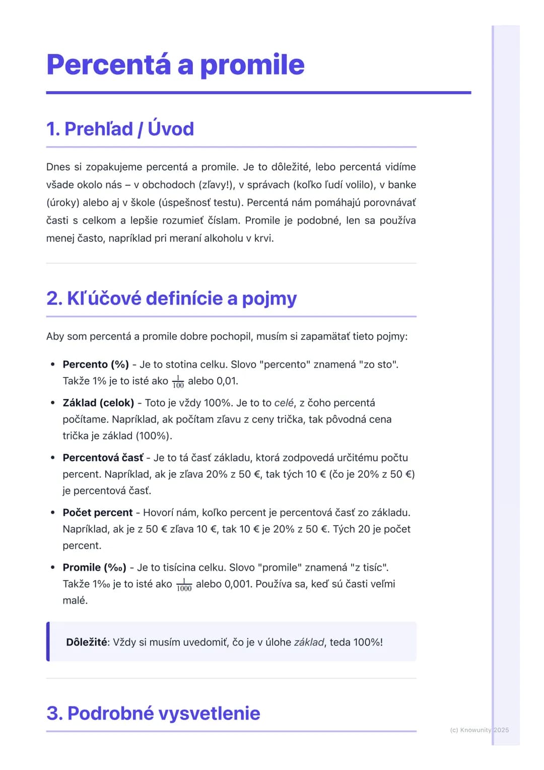 # Percentá a promile
1. Prehľad / Úvod
Dnes si zopakujeme percentá a promile. Je to dôležité, lebo percentá vidíme
všade okolo nás - v obc