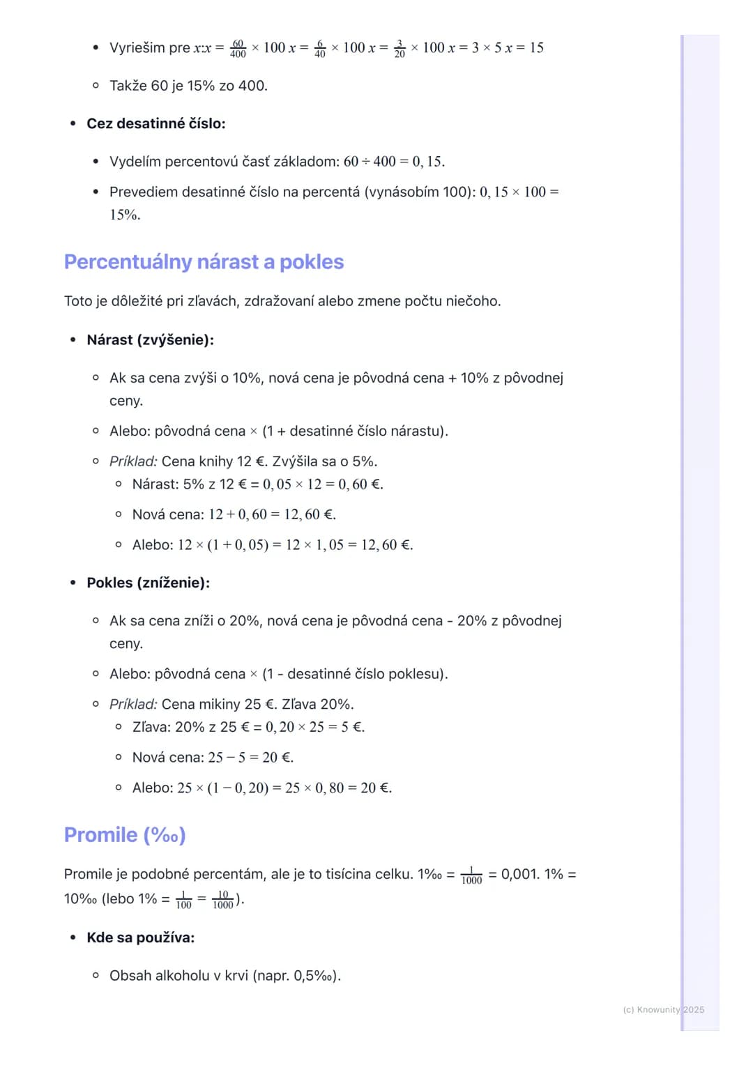 # Percentá a promile
1. Prehľad / Úvod
Dnes si zopakujeme percentá a promile. Je to dôležité, lebo percentá vidíme
všade okolo nás - v obc