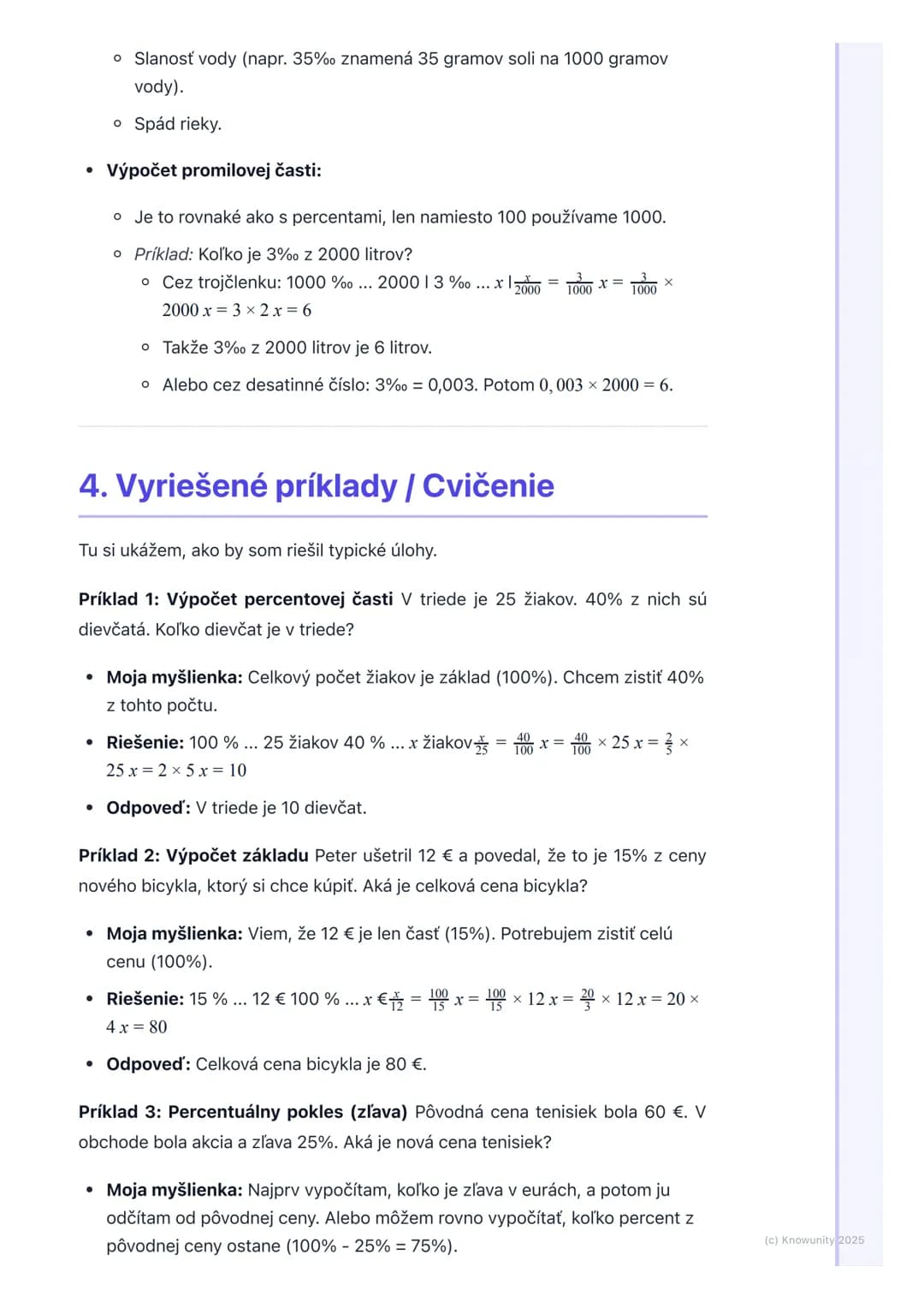 # Percentá a promile
1. Prehľad / Úvod
Dnes si zopakujeme percentá a promile. Je to dôležité, lebo percentá vidíme
všade okolo nás - v obc