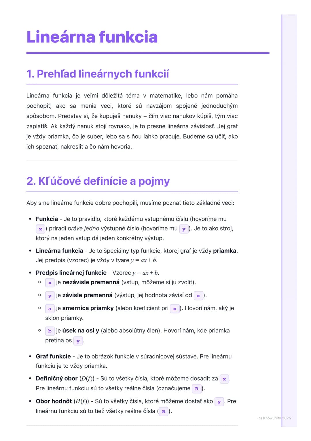 # Lineárna funkcia
1. Prehľad lineárnych funkcií
Lineárna funkcia je veľmi dôležitá téma v matematike, lebo nám pomáha
pochopiť, ako sa me